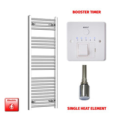 Straight / Single Heat Element + Booster Timer 400 x 1200 Flat Chrome Pre-Filled Electric Towel Radiator