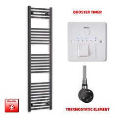 Thermostatic Element + Booster Timer 400 x 1600 Flat Black Pre-Filled Electric Towel Radiator HTR
