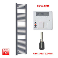 Single Heat Element + Digital Timer 400 x 1800 Flat Anthracite Pre-Filled Electric Towel Rail