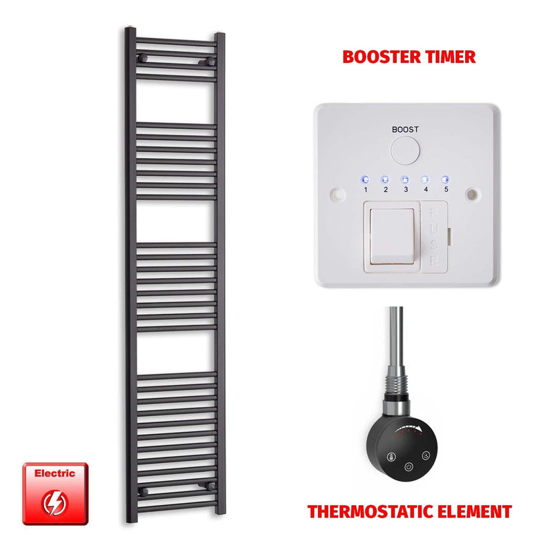 Thermostatic Element + Booster Timer 400 x 1800 Flat Black Pre-Filled Electric Towel Radiator