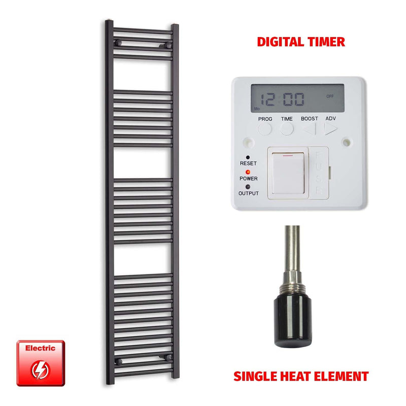 Single Heat Element + Digital Timer 400 x 1800 Flat Black Pre-Filled Electric Towel Radiator
