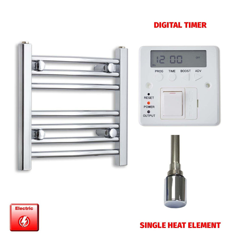 Straight / Single Heat Element + Digital Timer 400 x 400 Flat Chrome Pre-Filled Electric Towel Radiator