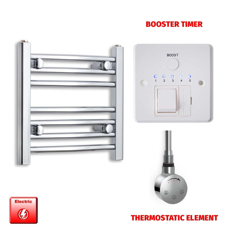 Straight / Thermostatic Element + Booster Timer 400 x 400 Flat Chrome Pre-Filled Electric Towel Radiator