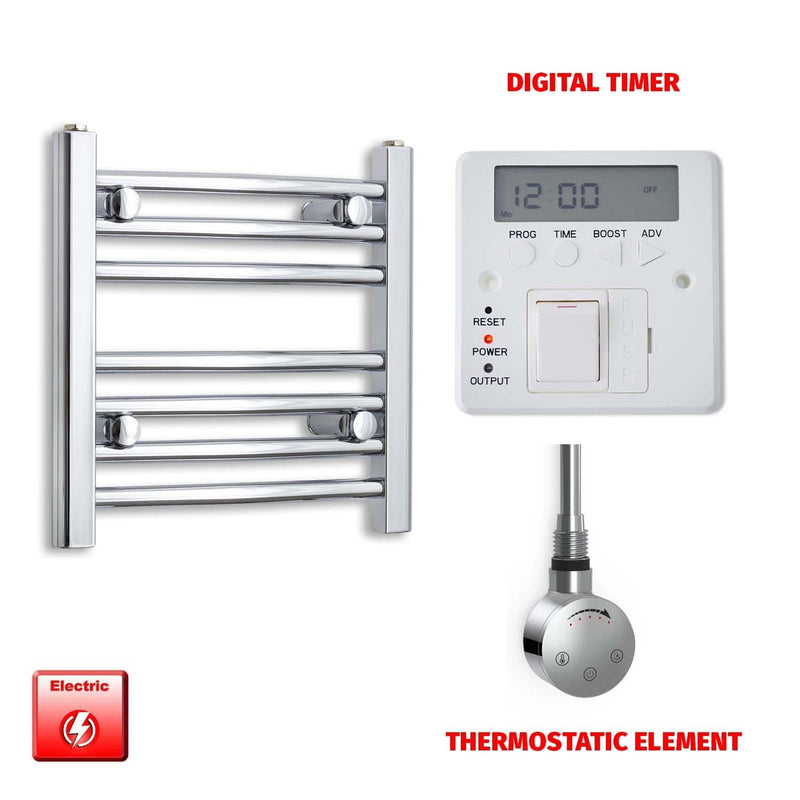 Straight / Thermostatic Element + Digital Timer 400 x 400 Flat Chrome Pre-Filled Electric Towel Radiator