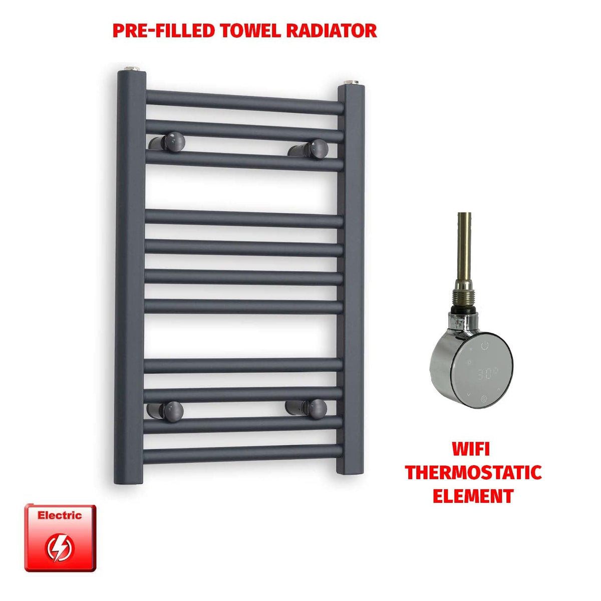 ER-Wifi Thermostatic 400 x 600 Flat Anthracite Pre-Filled Electric Towel Rail