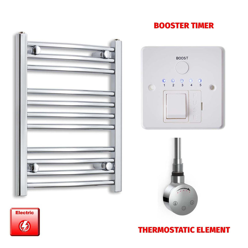 Straight / Thermostatic Element + Booster Timer 400 x 600 Flat Chrome Pre-Filled Electric Towel Radiator