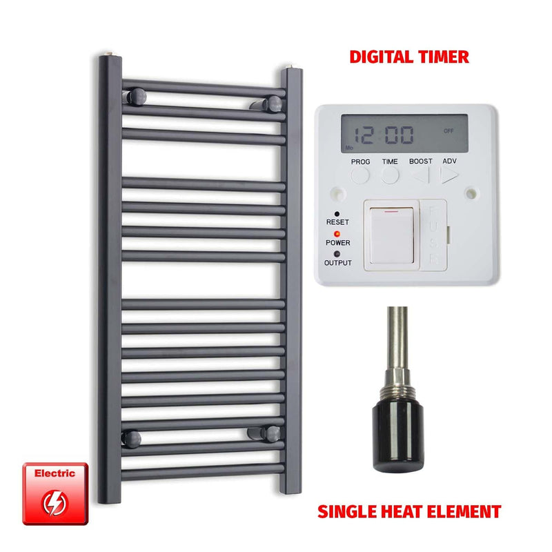 Single Heat Element + Digital Timer 400 x 800 Flat Black Pre-Filled Electric Towel Radiator