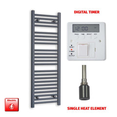 Single Heat Element + Digital Timer 400x1200 Flat Anthracite Pre-Filled Electric Towel Radiator