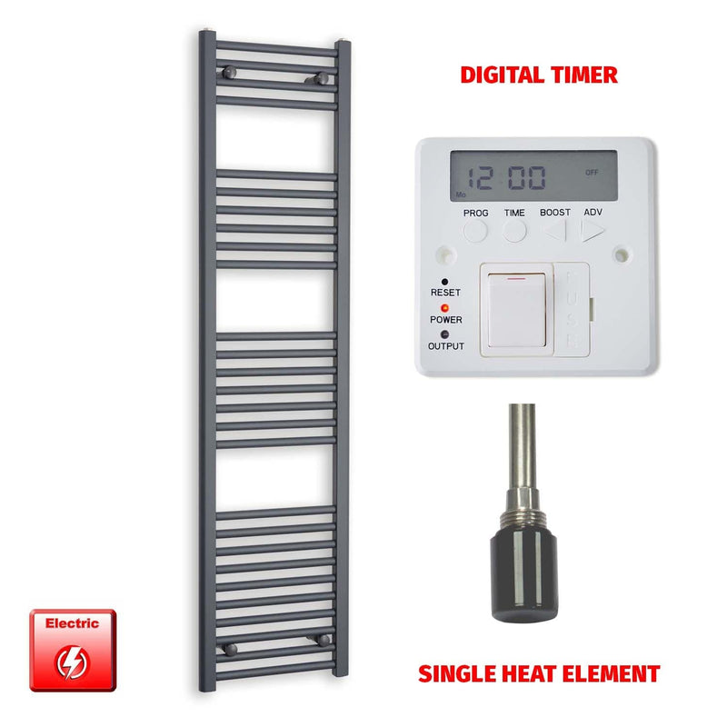 Single Heat Element + Digital Timer 400x1600 Flat Anthracite Pre-Filled Electric Towel Radiator