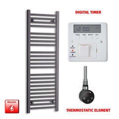 Thermostatic Element + Digital Timer 450 x 1200 Flat Black Pre-Filled Electric Heated Towel Rail
