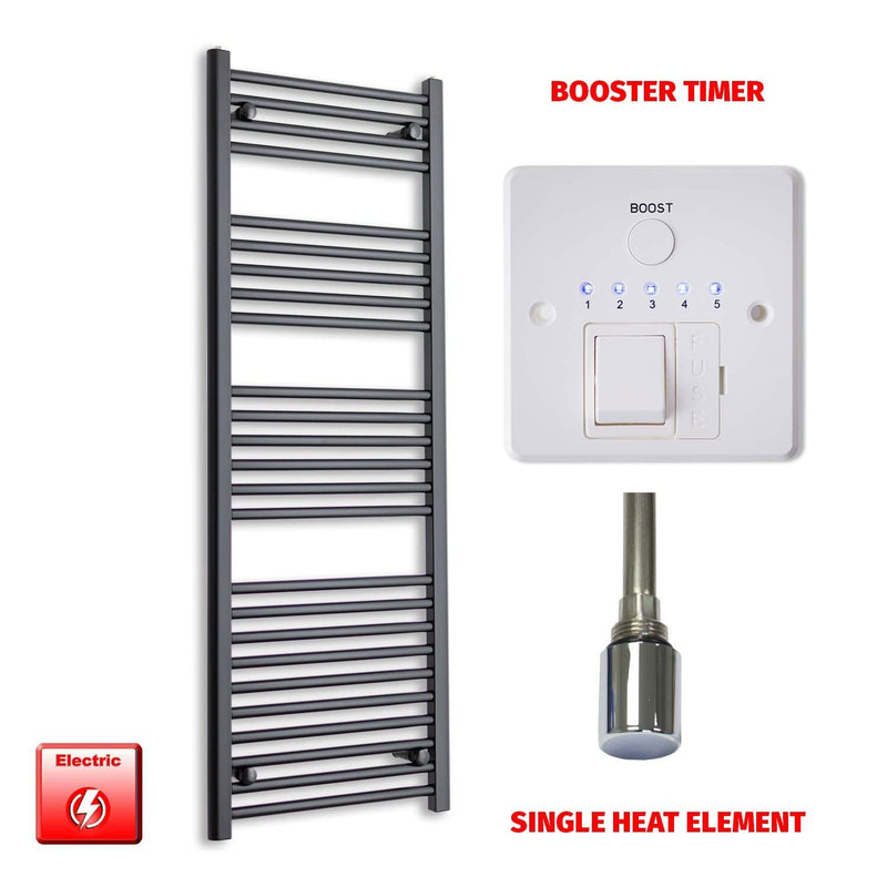 Single Heat Element + Booster Timer 450 x 1400 Flat Black Pre-Filled Electric Heated Towel Rail