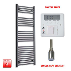 Single Heat Element + Digital Timer 450 x 1400 Flat Black Pre-Filled Electric Heated Towel Rail