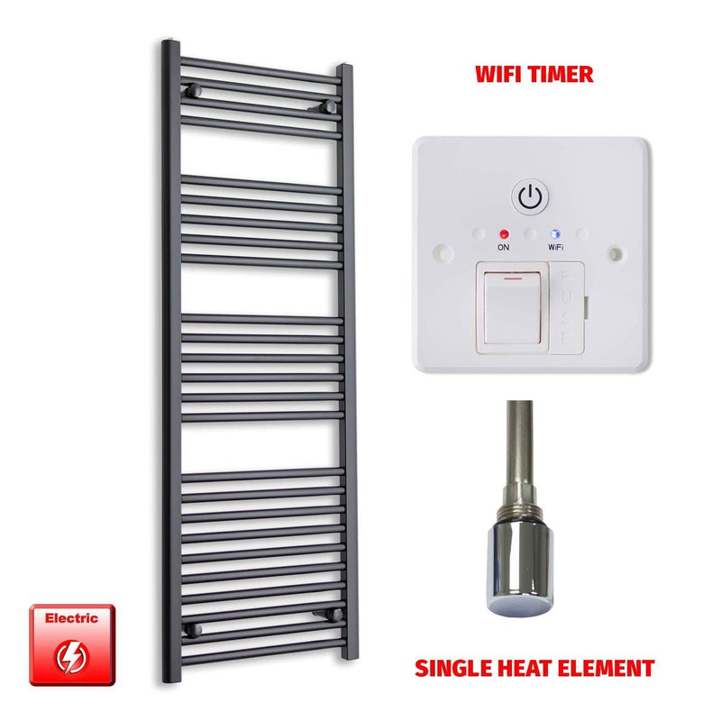 Single Heat Element + Wifi Timer 450 x 1400 Flat Black Pre-Filled Electric Heated Towel Rail