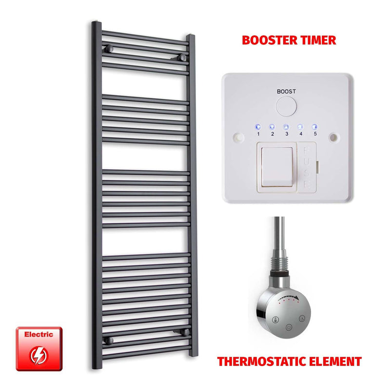 Thermostatic Element + Booster Timer 450 x 1400 Flat Black Pre-Filled Electric Heated Towel Rail
