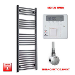 Thermostatic Element + Digital Timer 450 x 1400 Flat Black Pre-Filled Electric Heated Towel Rail