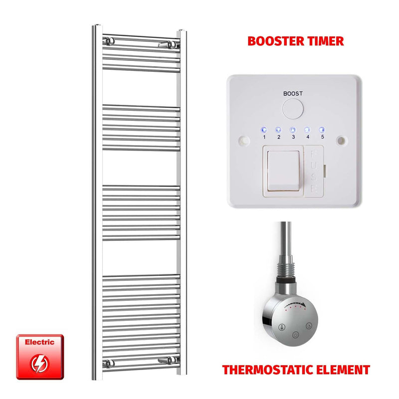 Thermostatic Element + Booster Timer 450 x 1400 Flat Chrome Pre-Filled Electric Towel Radiator