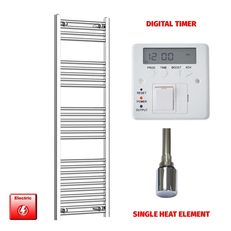 Single Heat Element + Digital Timer 450 x 1400 Flat Chrome Pre-Filled Electric Towel Radiator