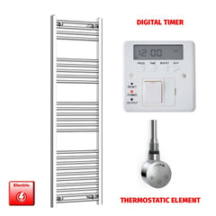 Thermostatic Element + Digital Timer 450 x 1400 Flat Chrome Pre-Filled Electric Towel Radiator