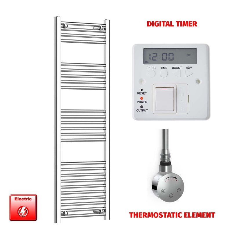 Thermostatic Element + Digital Timer 450 x 1400 Flat Chrome Pre-Filled Electric Towel Radiator