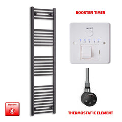 Thermostatic Element + Booster Timer 450 x 1600 Flat Black Pre-Filled Electric Heated Towel Rail