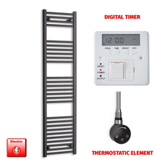 Thermostatic Element + Digital Timer 450 x 1600 Flat Black Pre-Filled Electric Heated Towel Rail