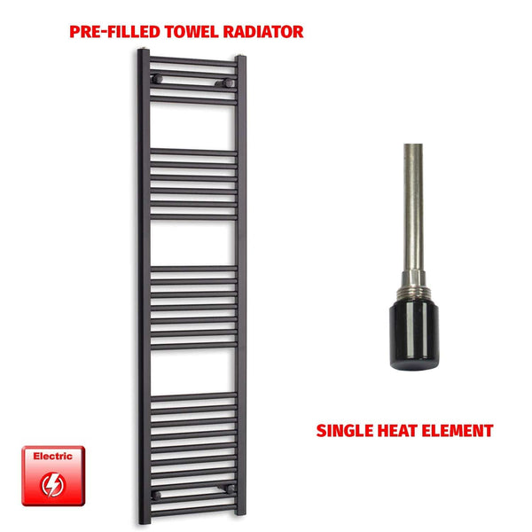 Single Heat Element 450 x 1600 Flat Black Pre-Filled Electric Heated Towel Rail