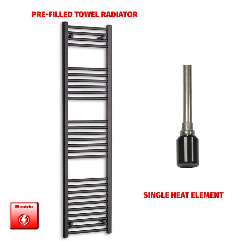 Single Heat Element 450 x 1600 Flat Black Pre-Filled Electric Heated Towel Rail