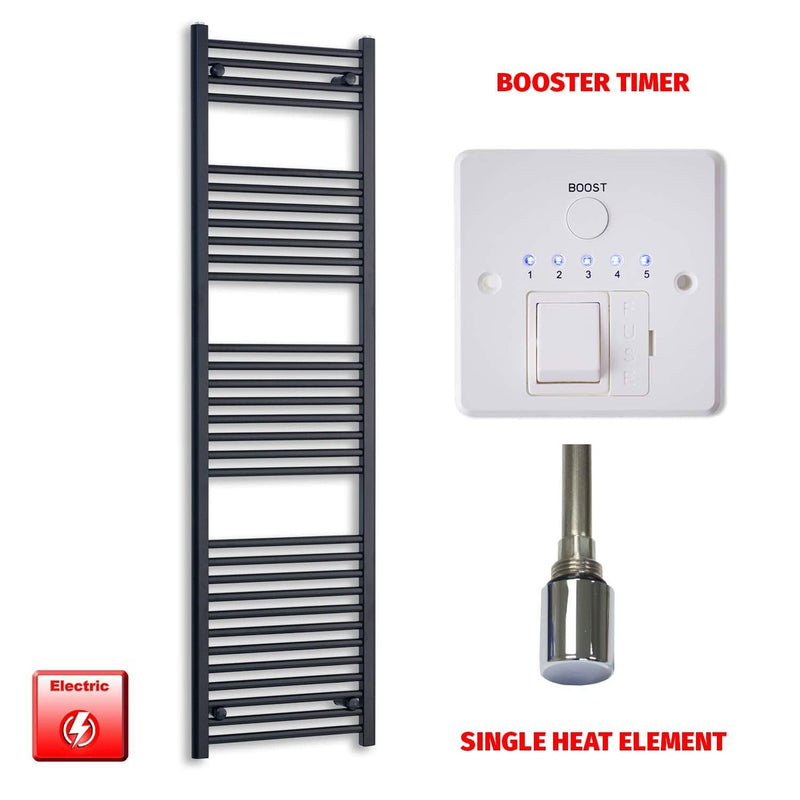 Single Heat Element + Booster Timer 450 x 1800 Flat Black Pre-Filled Electric Heated Towel Rail