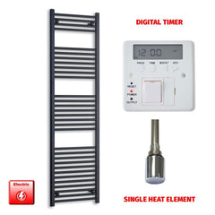 Single Heat Element + Digital Timer 450 x 1800 Flat Black Pre-Filled Electric Heated Towel Rail