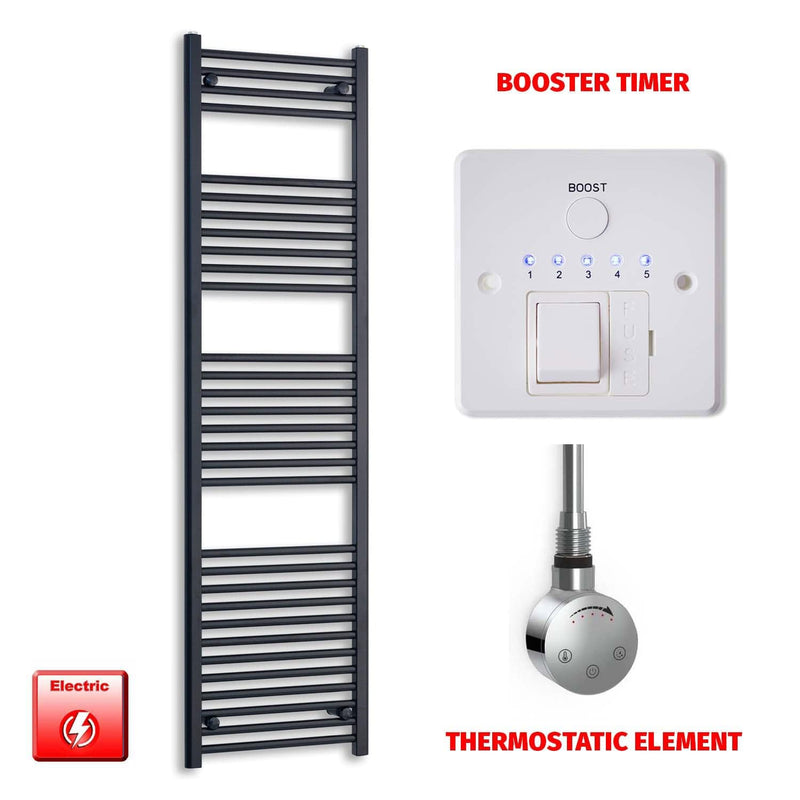 Thermostatic Element + Booster Timer 450 x 1800 Flat Black Pre-Filled Electric Heated Towel Rail
