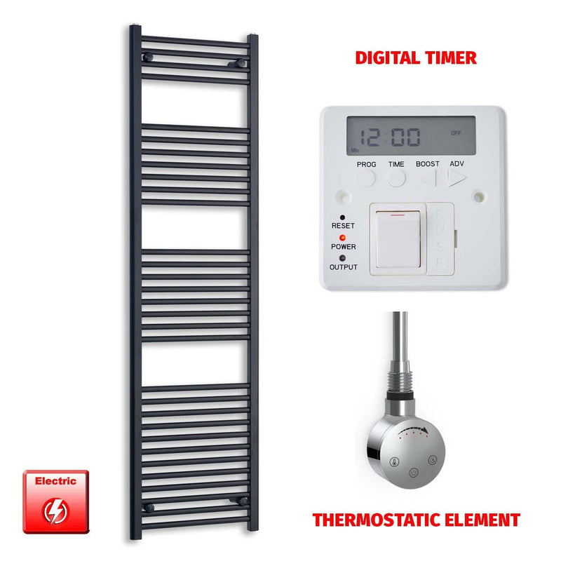 Thermostatic Element + Digital Timer 450 x 1800 Flat Black Pre-Filled Electric Heated Towel Rail