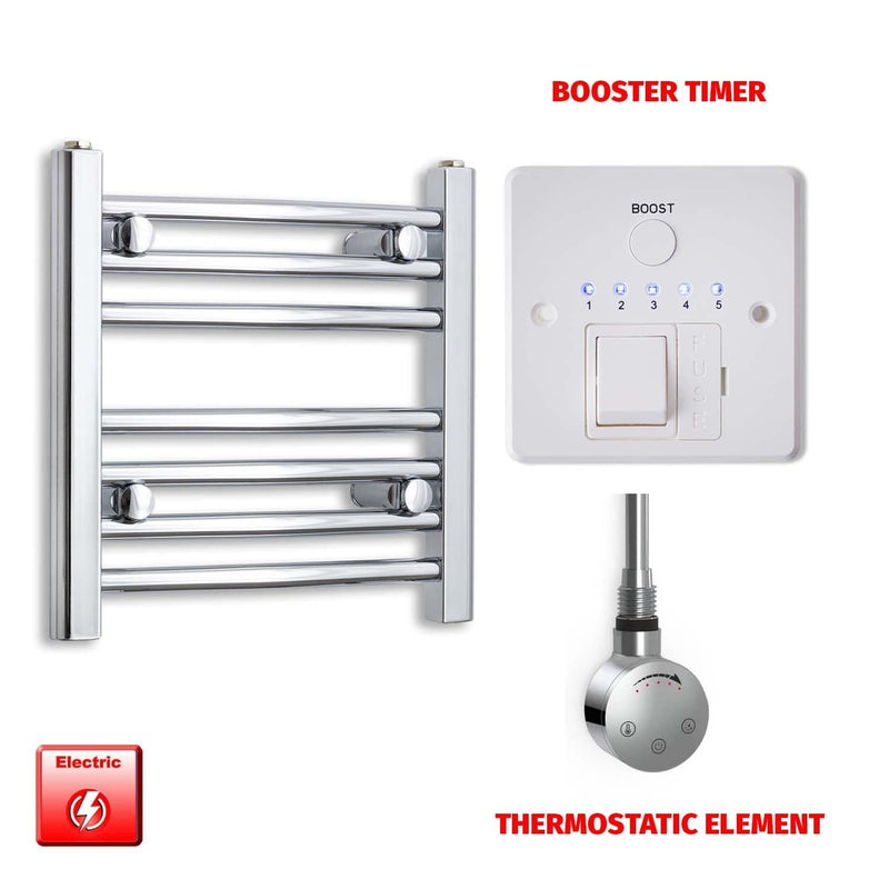 Straight / Thermostatic Element + Booster Timer 450 x 400 Flat Chrome Pre-Filled Electric Heated Towel Rail