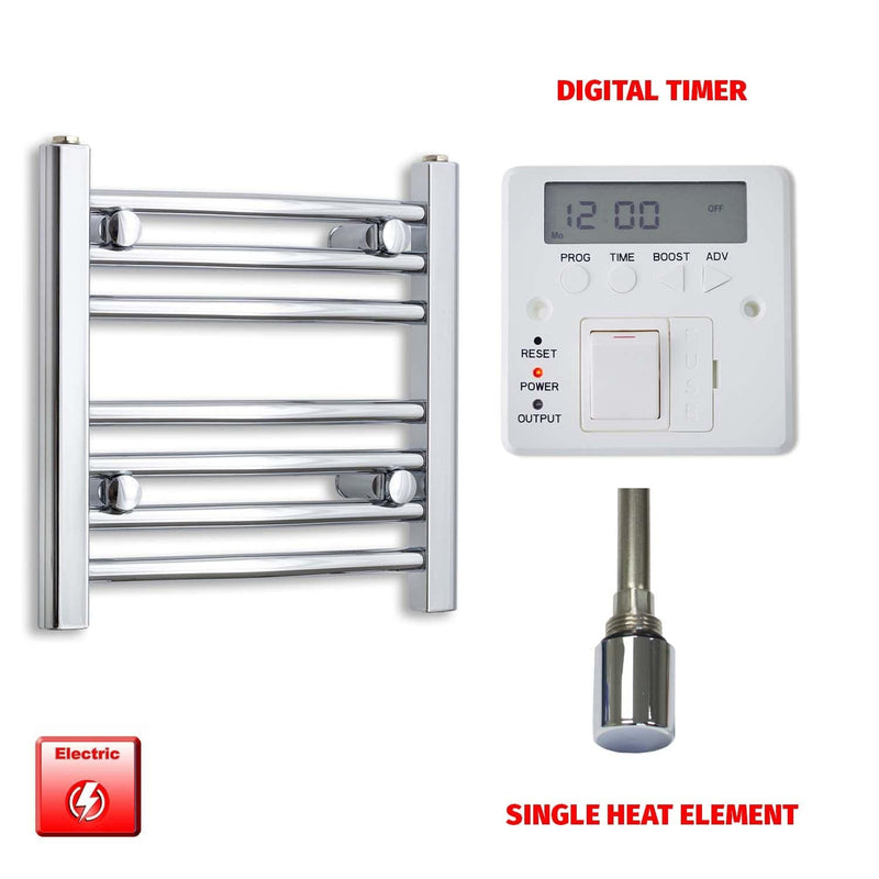 Straight / Single Heat Element + Digital Timer 450 x 400 Flat Chrome Pre-Filled Electric Heated Towel Rail