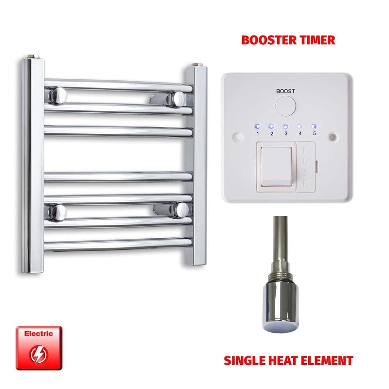 Straight / Single Heat Element + Booster Timer 450 x 400 Flat Chrome Pre-Filled Electric Heated Towel Rail