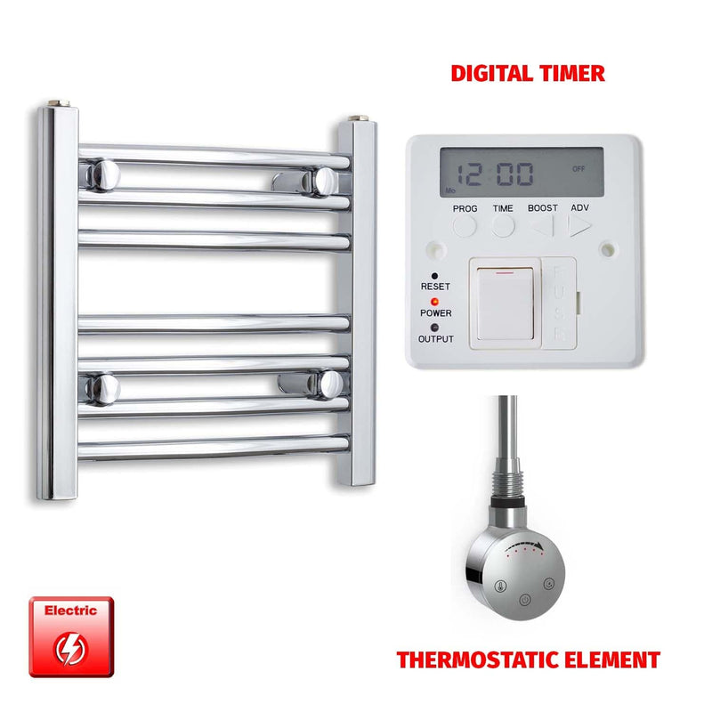 Straight / Thermostatic Element + Digital Timer 450 x 400 Flat Chrome Pre-Filled Electric Heated Towel Rail