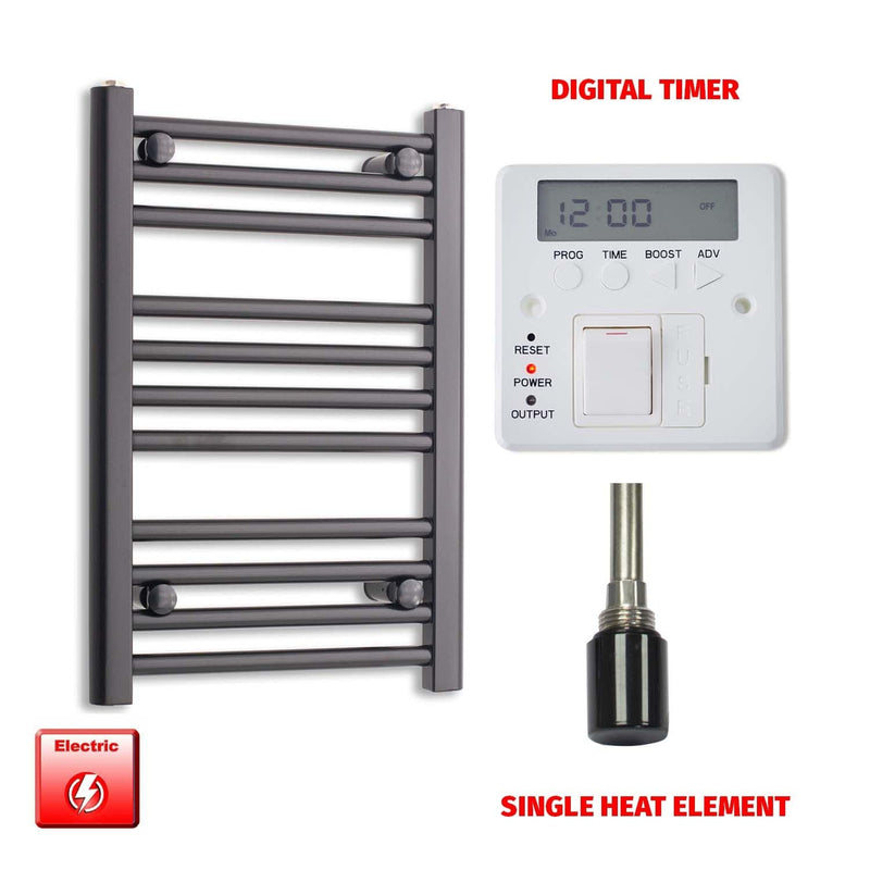 Single Heat Element + Digital Timer 450 x 800 Flat Black Pre-Filled Electric Towel Rail HTR