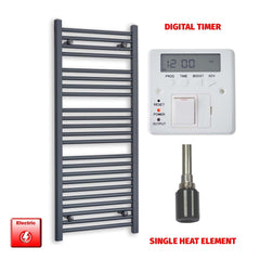 Single Heat Element + Digital Timer 500 x 1200 Flat Anthracite Pre-Filled Electric Towel Rail
