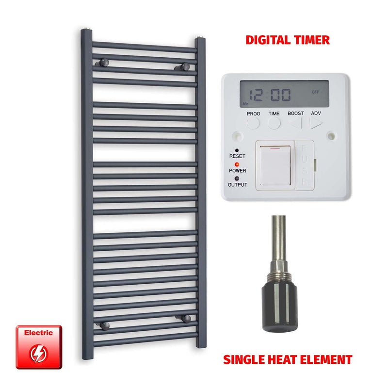 Single Heat Element + Digital Timer 500 x 1200 Flat Anthracite Pre-Filled Electric Towel Rail