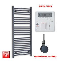 Thermostatic Element + Digital Timer 500 x 1200 Flat Anthracite Pre-Filled Electric Towel Rail