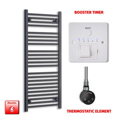 Thermostatic Element + Booster Timer 500 x 1200 Flat Black Pre-Filled Electric Heated Towel Rail