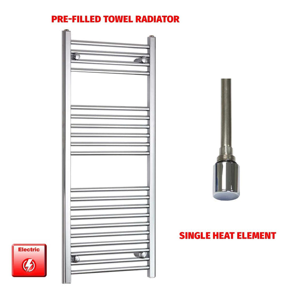 Straight / Single Heat Element 500 x 1200 Flat Chrome Pre-Filled Electric Heated Towel Rail