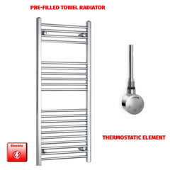 Straight / Thermostatic Element 500 x 1200 Flat Chrome Pre-Filled Electric Heated Towel Rail