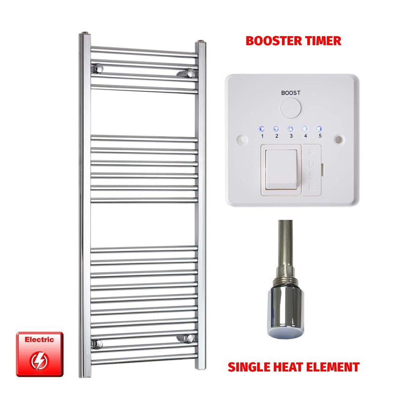 Straight / Single Heat Element + Booster Timer 500 x 1200 Flat Chrome Pre-Filled Electric Heated Towel Rail