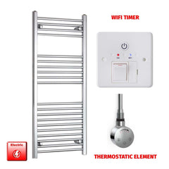 Straight / Thermostatic Element + Wifi Timer 500 x 1200 Flat Chrome Pre-Filled Electric Heated Towel Rail