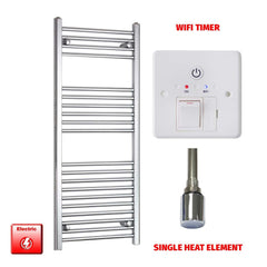 Straight / Single Heat Element + Wifi Timer 500 x 1200 Flat Chrome Pre-Filled Electric Heated Towel Rail