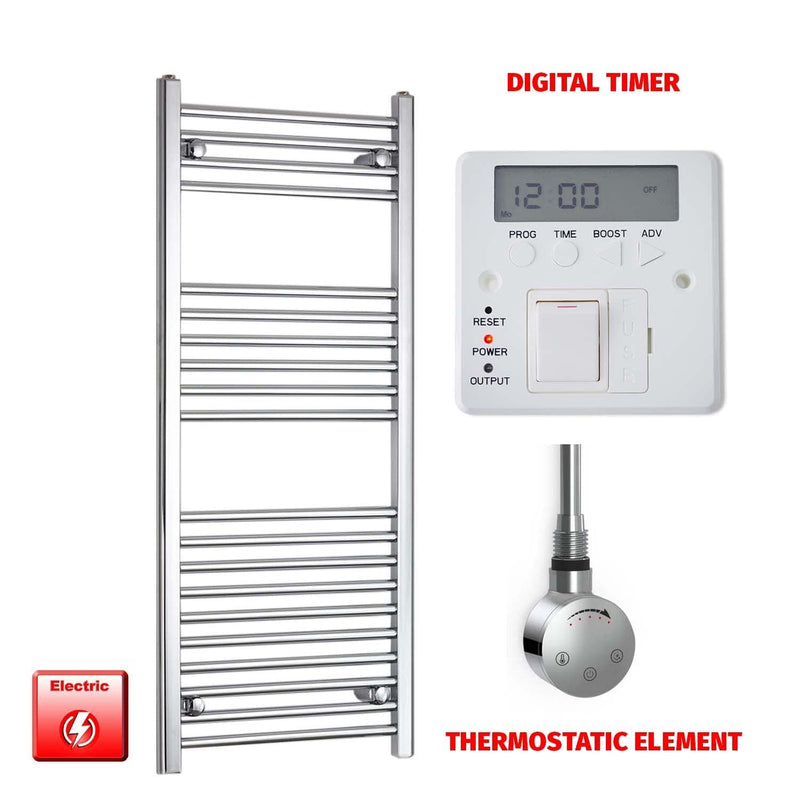 Straight / Thermostatic Element + Digital Timer 500 x 1200 Flat Chrome Pre-Filled Electric Heated Towel Rail