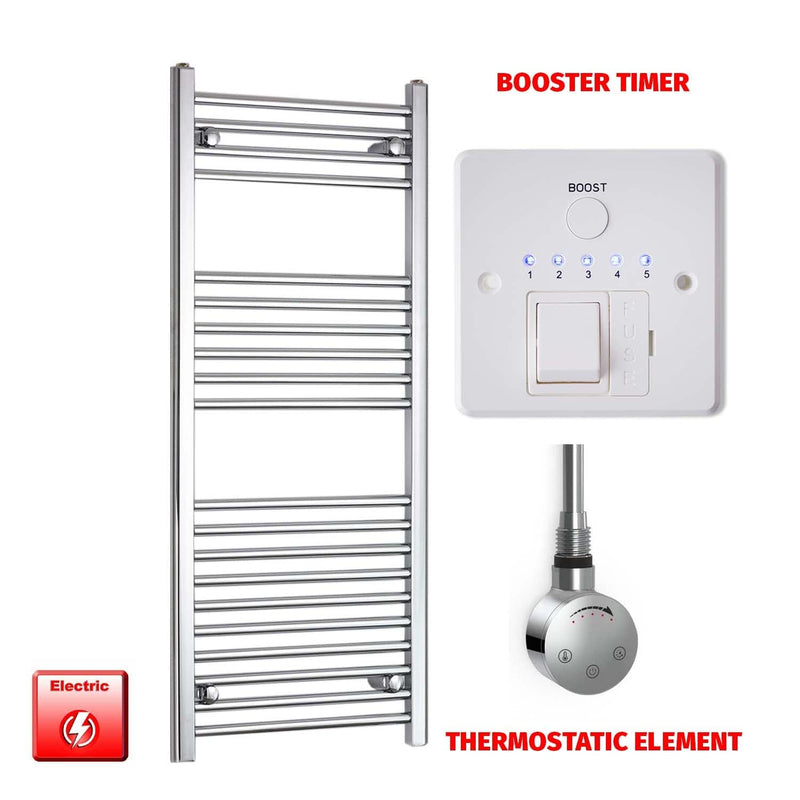 Straight / Thermostatic Element + Booster Timer 500 x 1200 Flat Chrome Pre-Filled Electric Heated Towel Rail