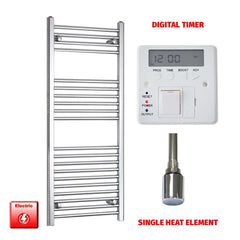 Straight / Single Heat Element + Digital Timer 500 x 1200 Flat Chrome Pre-Filled Electric Heated Towel Rail