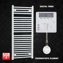 Thermostatic Element + Digital Timer 500 x 1200 Flat White Pre-Filled Electric Heated Towel Rail