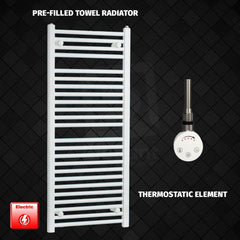 Thermostatic Element 500 x 1200 Flat White Pre-Filled Electric Heated Towel Rail